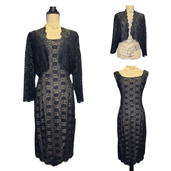 NWT ALEX EVENINGS Black Lace Shift Dress Jacket Set Formal Wedding Cocktail 14 - Picture 1 of 16